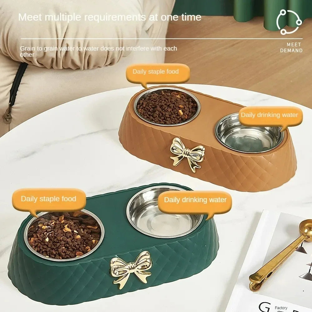 Stainless Steel Double Layer Bow Tie Cat Food Bowl