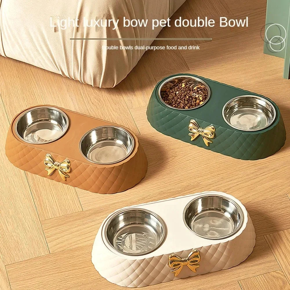 Stainless Steel Double Layer Bow Tie Cat Food Bowl