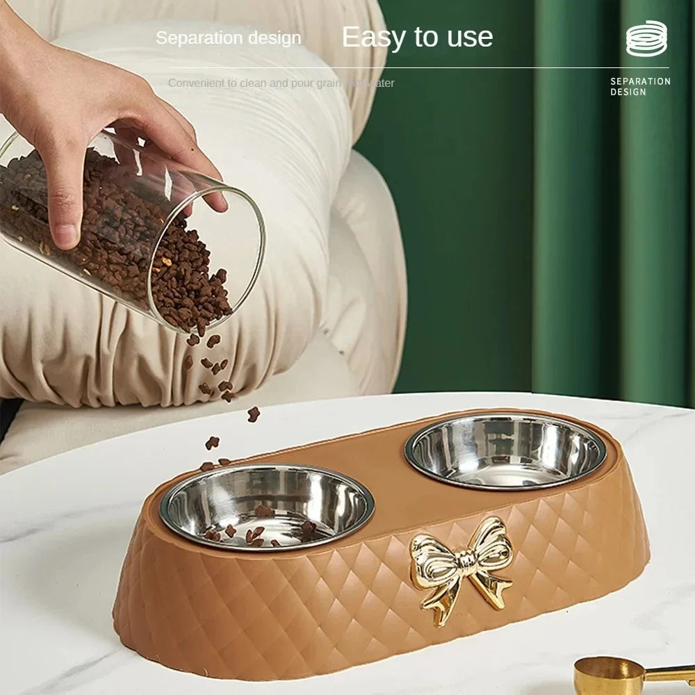 Stainless Steel Double Layer Bow Tie Cat Food Bowl